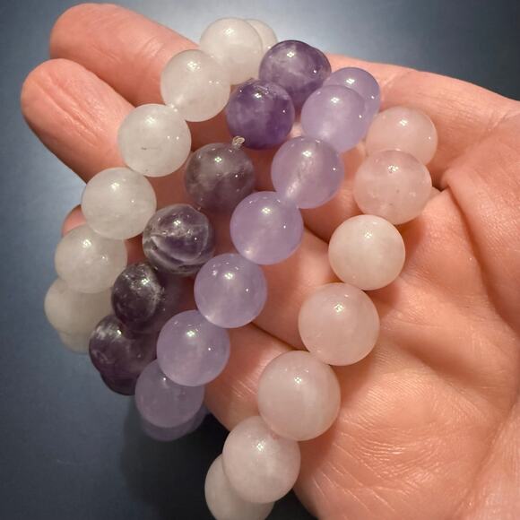 Bundle of Polished Amethyst Quartz Stone Beaded Bracelets - Picture 3 of 7